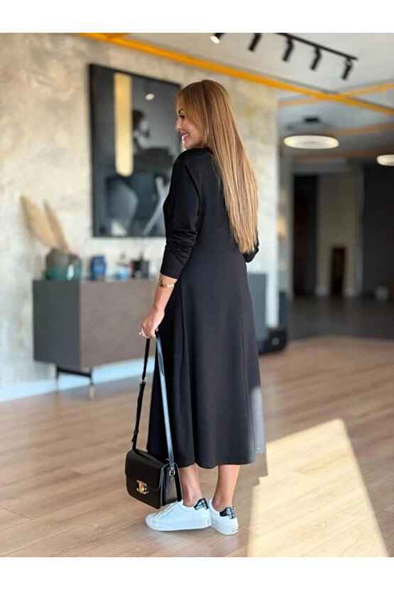 Kadın Uzun Kollu V Yakalı Midi Modal Elbise