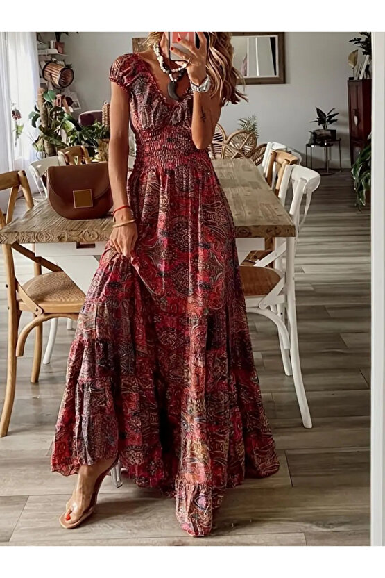 Kadın Kısa Kollu V Yakalı Beli Gipeli Desenli Süprem Maksi Elbise