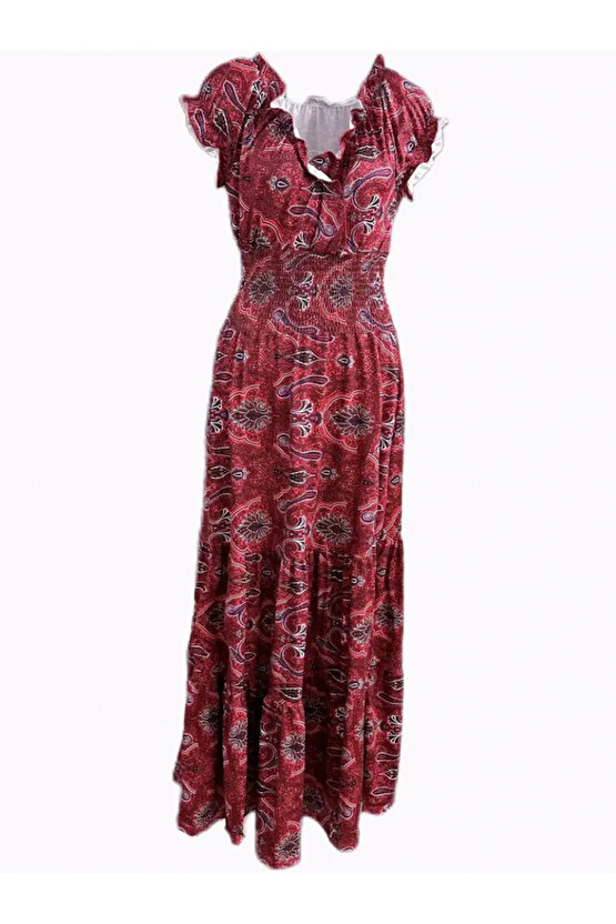 Kadın Kısa Kollu V Yakalı Beli Gipeli Desenli Süprem Maksi Elbise