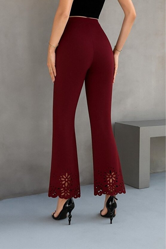 Kadın Yüksek Bel Paçaya Doğru Genişleyen Lazer çiçek Kesim Detaylı Ithal Krep Pantolon