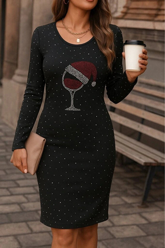 Kadın Uzun Kollu Taş Kadeh Baskı Dalgıç Mini Boy Elbise
