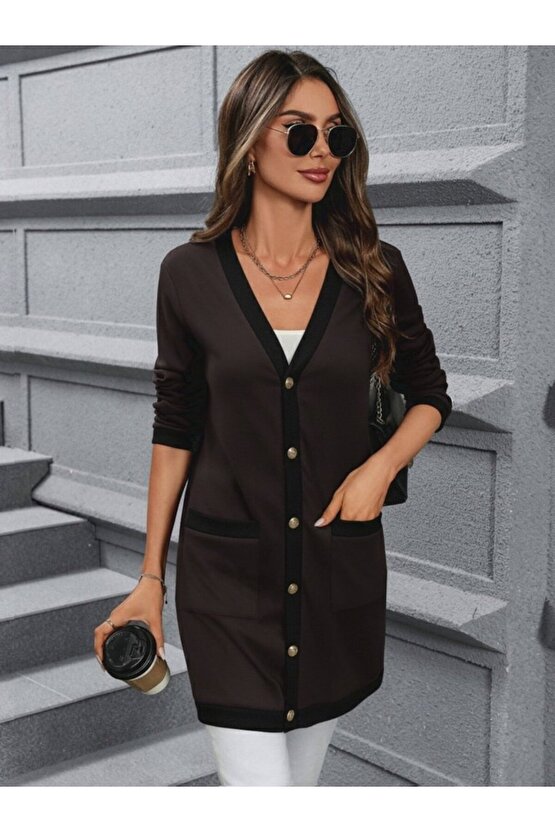 Kadın Uzun Kollu Cepli önden Düğmeli Uzun Modal Ceket Hırka