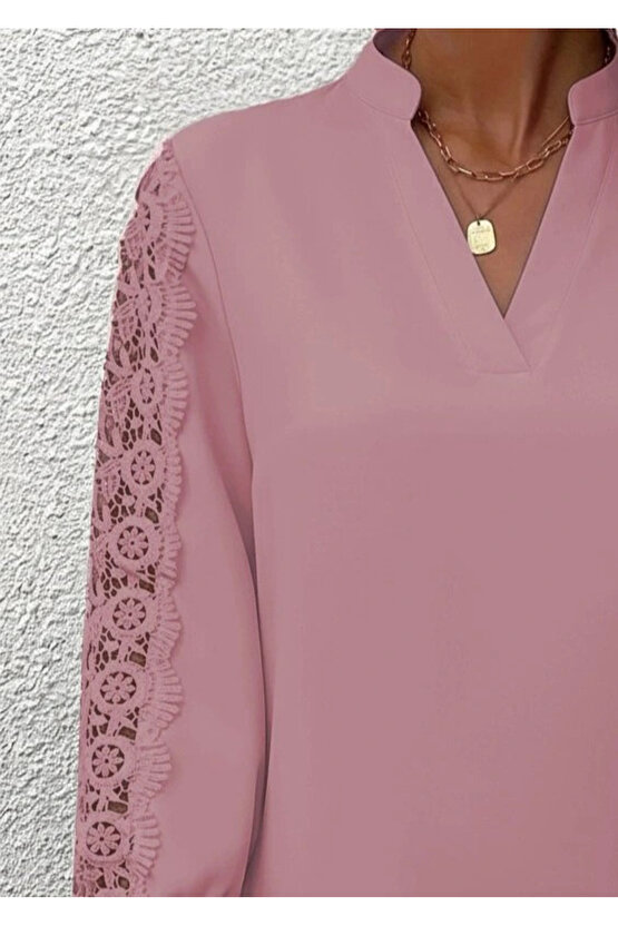 MDB Kadın Uzun Kollu Hakim Yaka Kolları Dantel Detaylı Ithal Krep Bluz