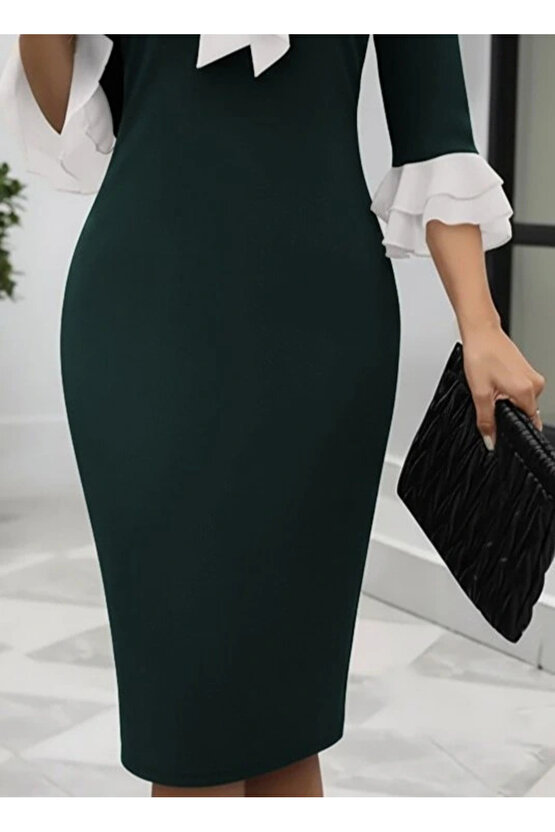 Kadın Truvakar Kollu Fiyonk Yakalı Midi Ithal Krep Elbise