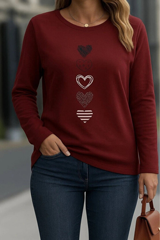 Kadın Uzun Kollu Bisiklet Yaka Desenli Viskon Bluz