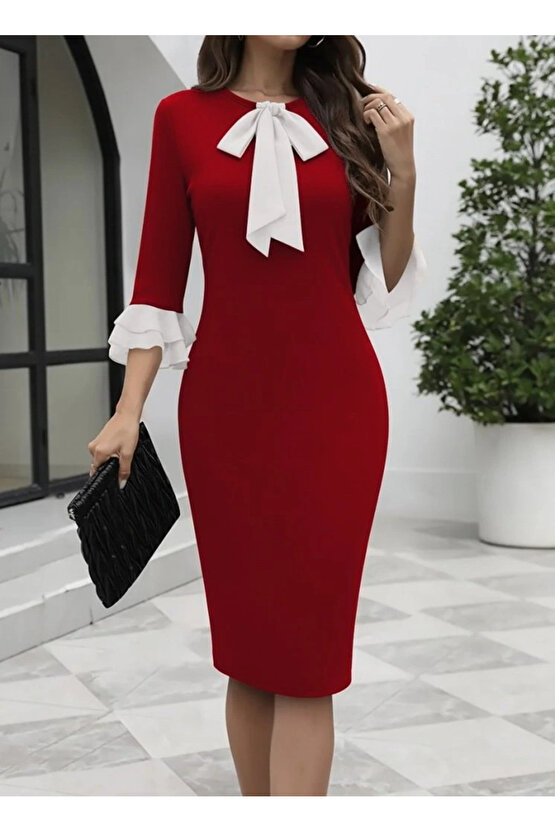 Kadın Truvakar Kollu Fiyonk Yakalı Midi Ithal Krep Elbise