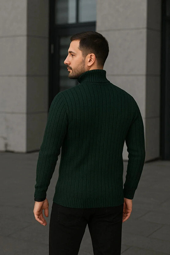 Erkek Fitilli Triko Kazak 3lÜ Set Bej Haki Siyah Regular Balıkcı Yaka Tam Boğazlı Triko Seti Modeli