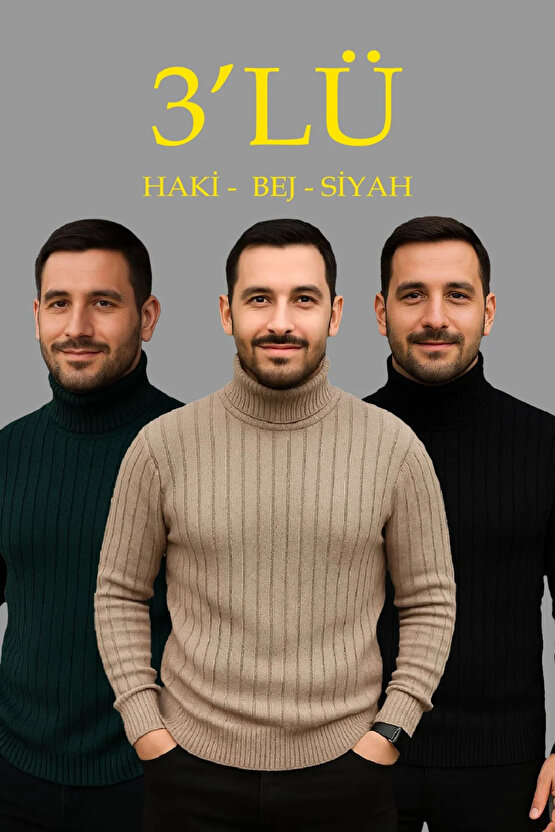Erkek Fitilli Triko Kazak 3lÜ Set Bej Haki Siyah Regular Balıkcı Yaka Tam Boğazlı Triko Seti Modeli