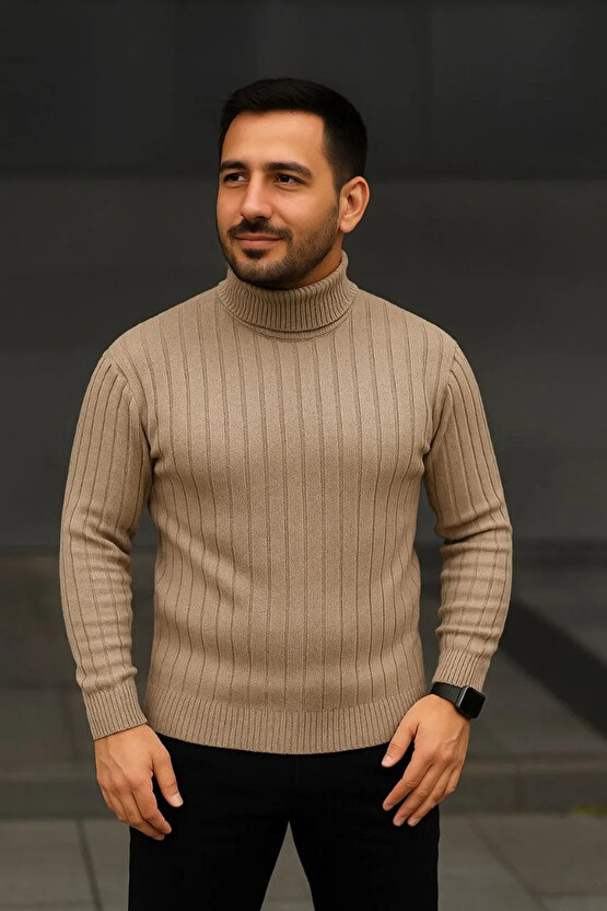 Erkek Fitilli Triko Kazak 3lÜ Set Bej Haki Siyah Regular Balıkcı Yaka Tam Boğazlı Triko Seti Modeli