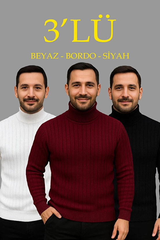 Erkek Fitilli Triko Kazak 2li Set Bordo Siyah Regular Balıkcı Yaka Tam Boğazlı Triko Seti Modeli Kaz