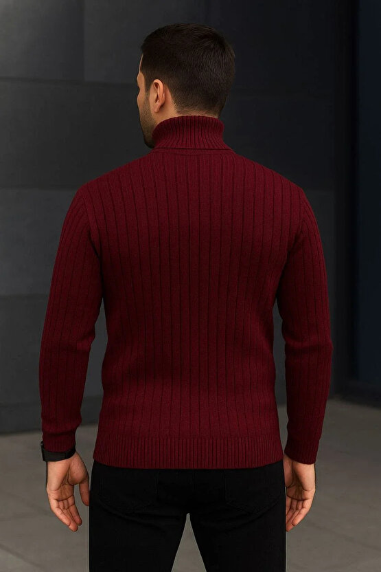 Erkek Fitilli Triko Kazak 2li Set Bordo Siyah Regular Balıkcı Yaka Tam Boğazlı Triko Seti Modeli Kaz