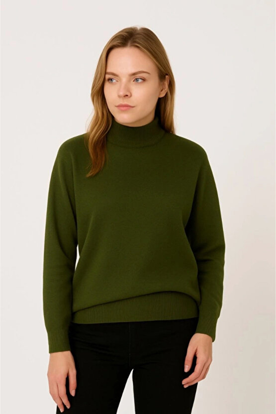 Yarım Boğaz Triko Kazak Yumuşak Dokulu Pamuklu Ince Dokuma, Uzun Kollu Rahat Regular Kalıp - Haki