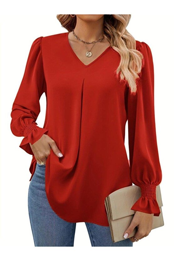 Kadın Uzun Kollu V Yakalı Salaş Ithal Krep Bluz