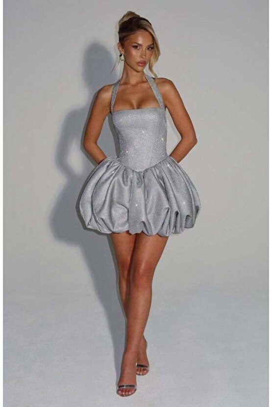 Kadın Halter Yaka Simli Kumaş Sırtı Bağcık Detay Prenses Elbise