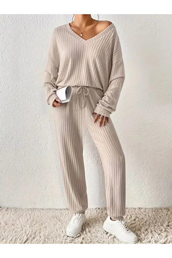 Kadın Uzun Kollu V Yakalı Kaşkorse Bluz Ve Pantolon Ikili Takım