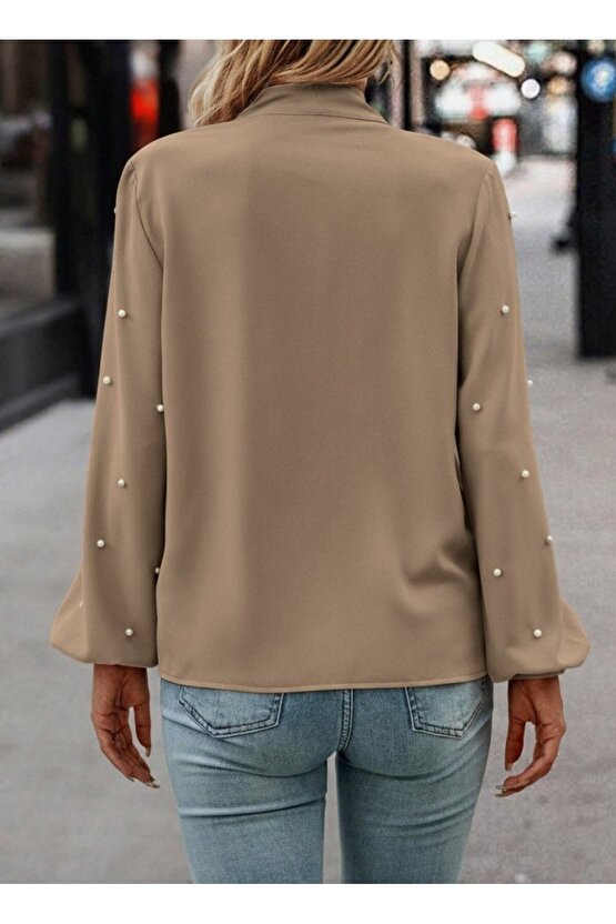 Kadın Uzun Kollu Yakadan Fiyonklu Incili Ithal Krep Bluz