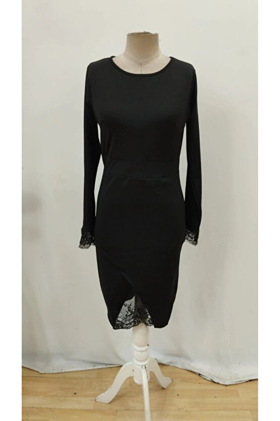 Kadın Uzun Kollu Bisiklet Yaka önden Dantel Ve Yırtmaç Detaylı Dalgıç Elbise