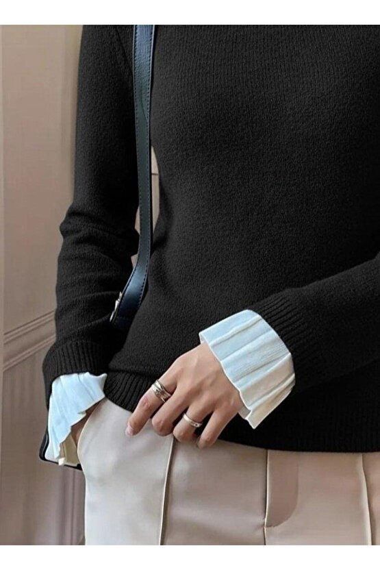 Kadın Uzun Kollu Fırfırlı Yakalı Triko Bluz