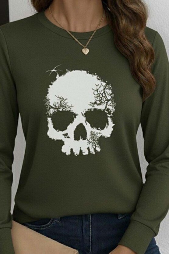 Kadın Uzun Kollu Bisiklet Yaka Kurukafa Desenli Viskon Bluz