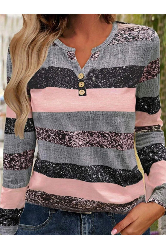 MDB Kadın Uzun Kollu Yakadan Düğmeli çizgili Desenli Süprem Bluz