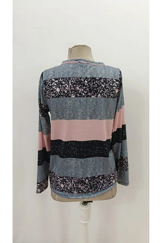 MDB Kadın Uzun Kollu Yakadan Düğmeli çizgili Desenli Süprem Bluz