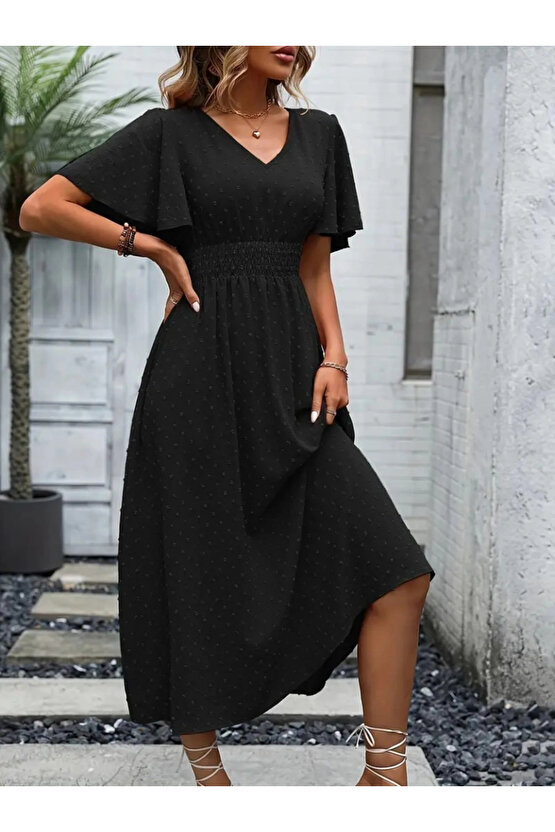 Kadın Kısa Kollu Volanlı Kol Beli Gipeli Jakarlı Vual Midi Boy Elbise