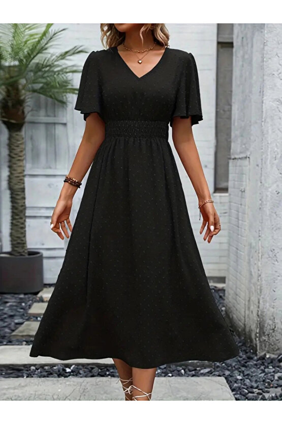 Kadın Kısa Kollu Volanlı Kol Beli Gipeli Jakarlı Vual Midi Boy Elbise
