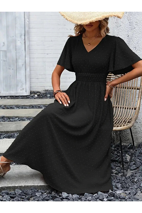 Kadın Kısa Kollu Volanlı Kol Beli Gipeli Jakarlı Vual Midi Boy Elbise