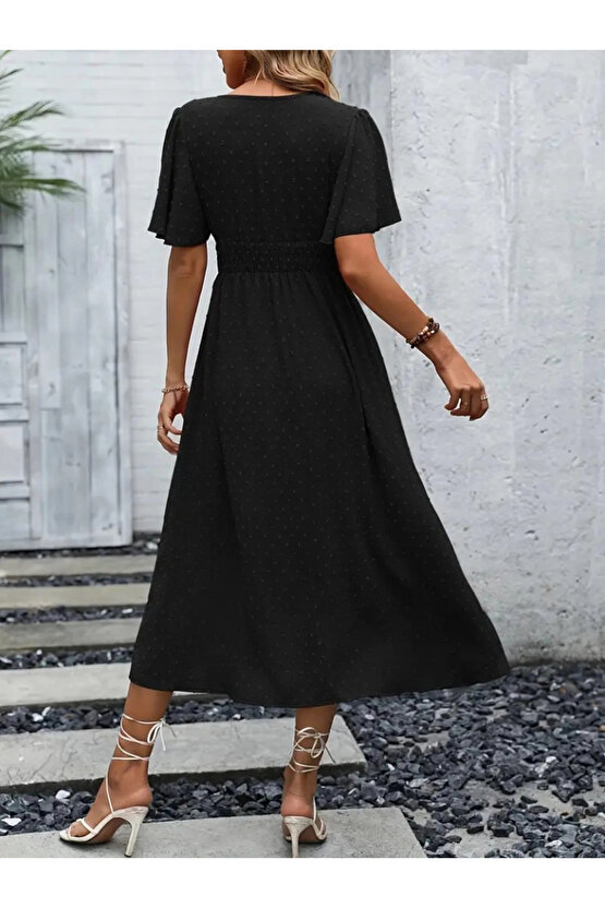 Kadın Kısa Kollu Volanlı Kol Beli Gipeli Jakarlı Vual Midi Boy Elbise