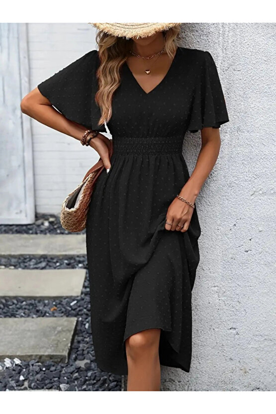 Kadın Kısa Kollu Volanlı Kol Beli Gipeli Jakarlı Vual Midi Boy Elbise