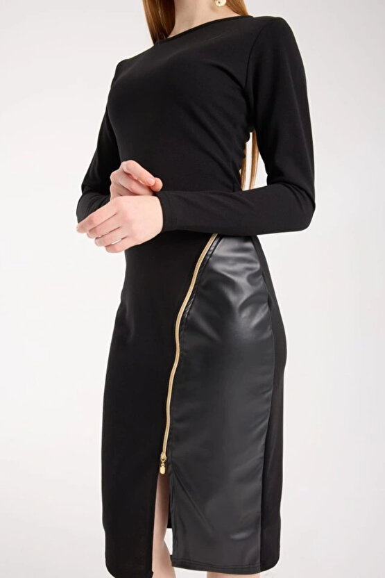 Kadın Bisiklet Yaka Uzun Kollu Deri Ve Fermuar Detay Mini Yırtmaçlı Elbise