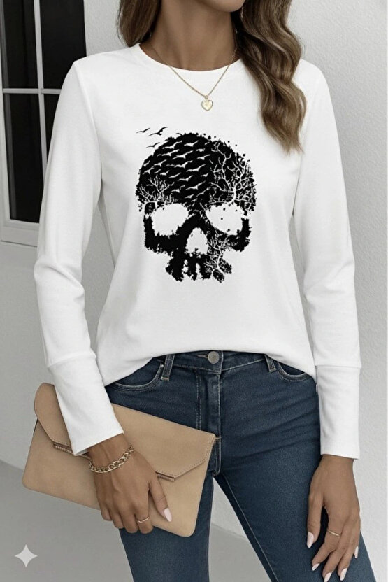 Kadın Uzun Kollu Bisiklet Yaka Kurukafa Desenli Viskon Bluz