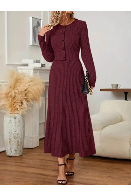 Kadın Uzun Kollu önden Düğmeli Bluz Ve Yüksek Bel A Kesim Uzun Etek şardonlu Kaşkorse Ikili Takım