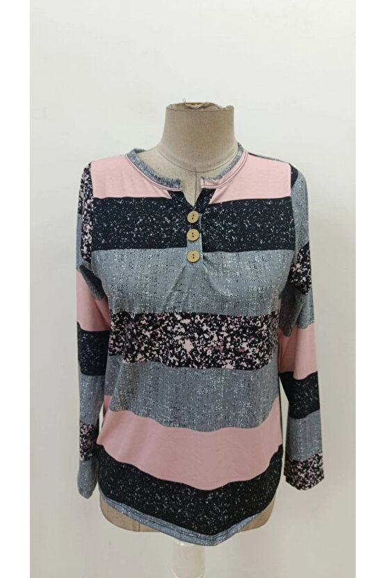 MDB Kadın Uzun Kollu Yakadan Düğmeli çizgili Desenli Süprem Bluz