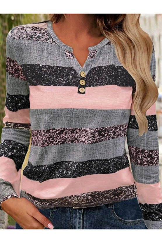 MDB Kadın Uzun Kollu Yakadan Düğmeli çizgili Desenli Süprem Bluz