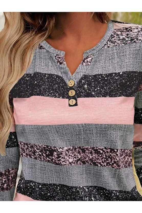 MDB Kadın Uzun Kollu Yakadan Düğmeli çizgili Desenli Süprem Bluz