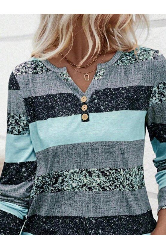 Kadın Uzun Kollu Yakadan Düğmeli çizgili Desenli Süprem Bluz