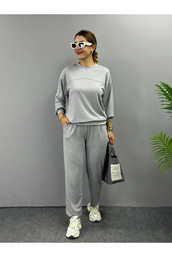 Kadın Uzun Kollu Bisiklet Yaka Viskon Iki Iplik Bluz Ve Pantolon Ikili Takım
