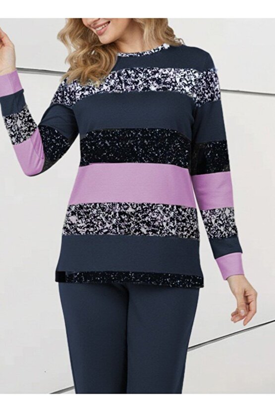 eyesof Kadın Uzun Kollu Bisiklet Yaka çizgili Desen Iki Iplik Bluz Ve Pantolon Ikili Takım