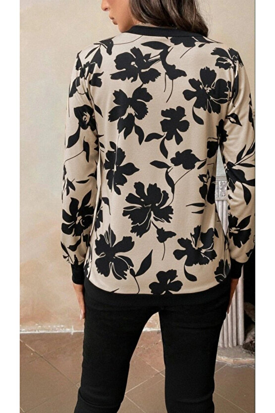 Kadın Uzun Kollu V Yakalı Desenli Süprem Bluz