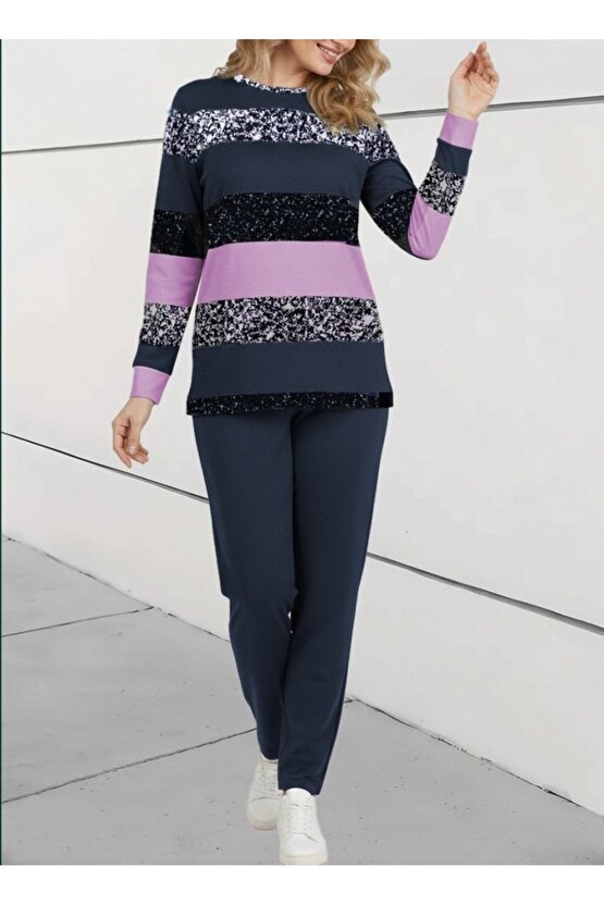 eyesof Kadın Uzun Kollu Bisiklet Yaka çizgili Desen Iki Iplik Bluz Ve Pantolon Ikili Takım