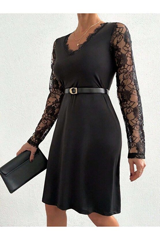 Kadın Uzun Kollu Yaka Ve Kol Dantel Detay Sandy Mini Boy Elbise
