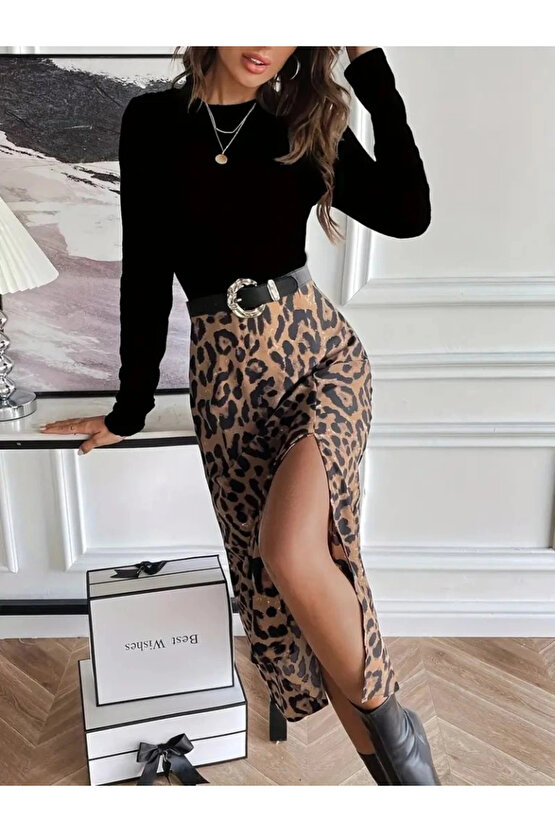 MDB Kadın Uzun Kollu Bisiklet Yaka Ithal Krep Bluz Alt Desenli Modal Midi Elbise