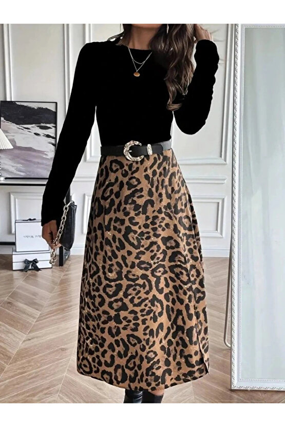 MDB Kadın Uzun Kollu Bisiklet Yaka Ithal Krep Bluz Alt Desenli Modal Midi Elbise