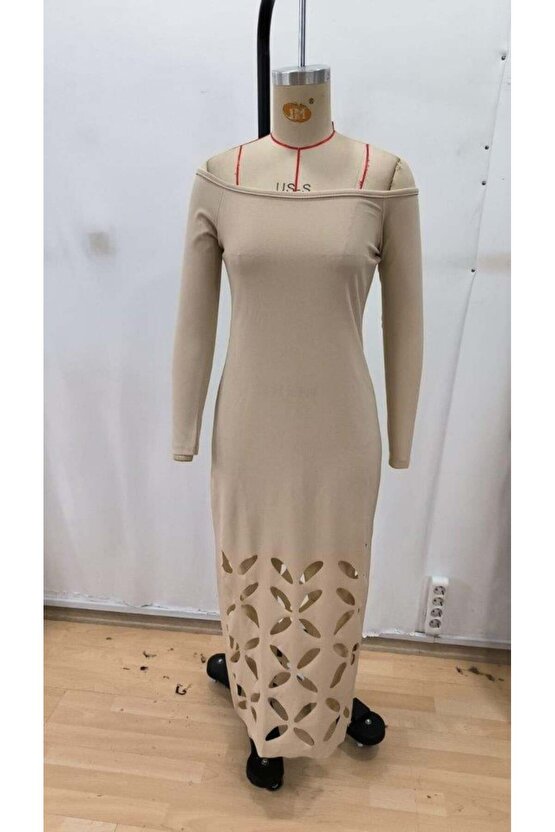 Kadın Madonna Yaka Uzun Kollu Lazer çiçek Kesim Detaylı Uzun Ithal Krep Elbise