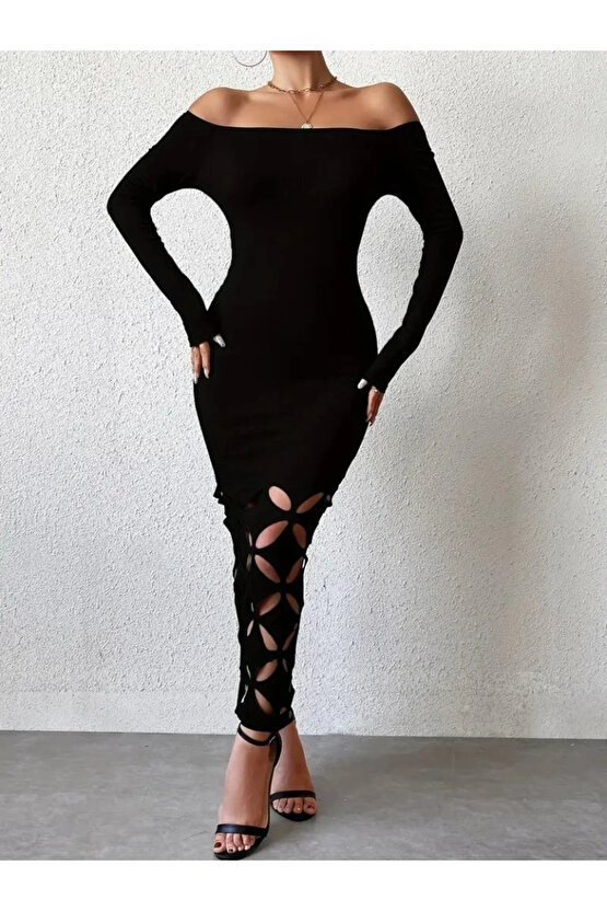 Kadın Madonna Yaka Uzun Kollu Lazer çiçek Kesim Detaylı Uzun Ithal Krep Elbise