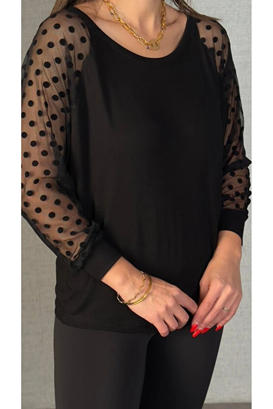 Kadın Yarasa Kol Puantiyeli Tül Detay Bluz