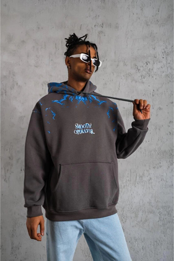 Erkek Yıldırım Baskılı Kapşonlu Sweatshirt - Gri
