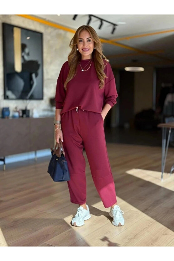 Kadın Uzun Kollu Bisiklet Yaka Viskon Iki Iplik Bluz Ve Pantolon Ikili Takım