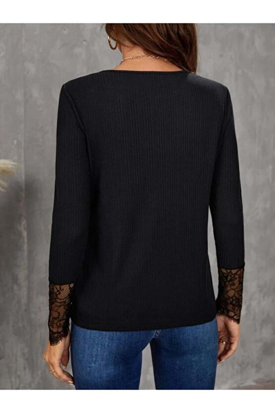 Kadın Uzun Kollu Bisiklet Yaka Dantel Detaylı Burgu Bluz
